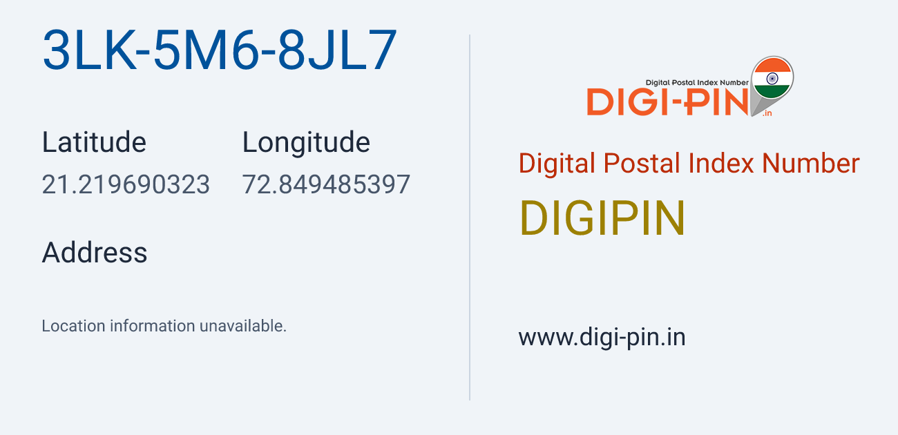 DigiPin 3LK-5M6-8JL7 location map showing coordinates 21.219690, 72.849485