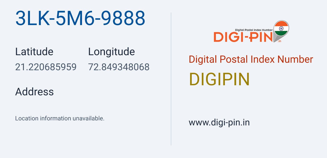 DigiPin 3LK-5M6-9888 location map showing coordinates 21.220686, 72.849348