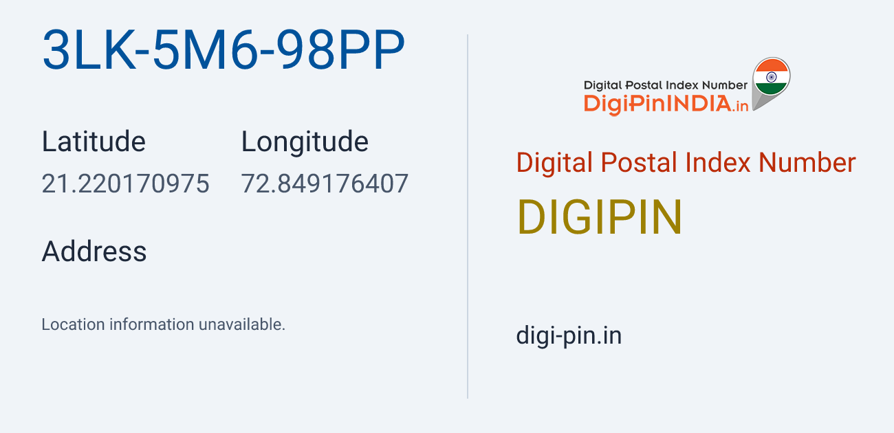 DigiPin 3LK-5M6-98PP location map showing coordinates 21.220171, 72.849176