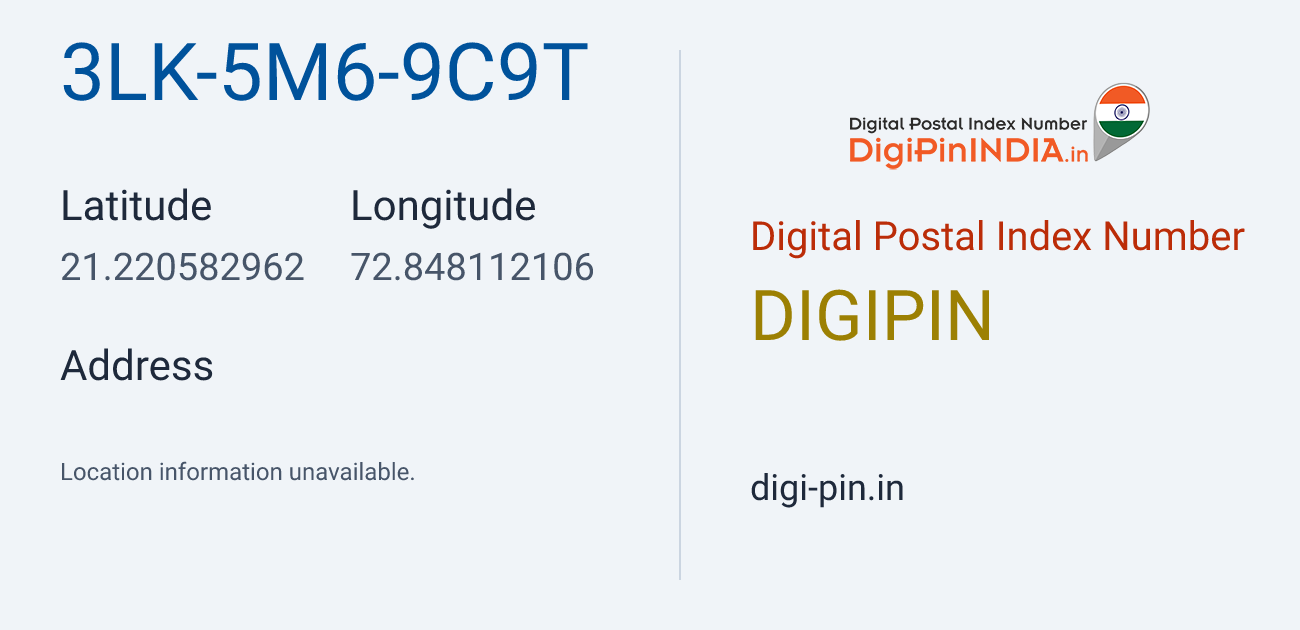DigiPin 3LK-5M6-9C9T location map showing coordinates 21.220583, 72.848112