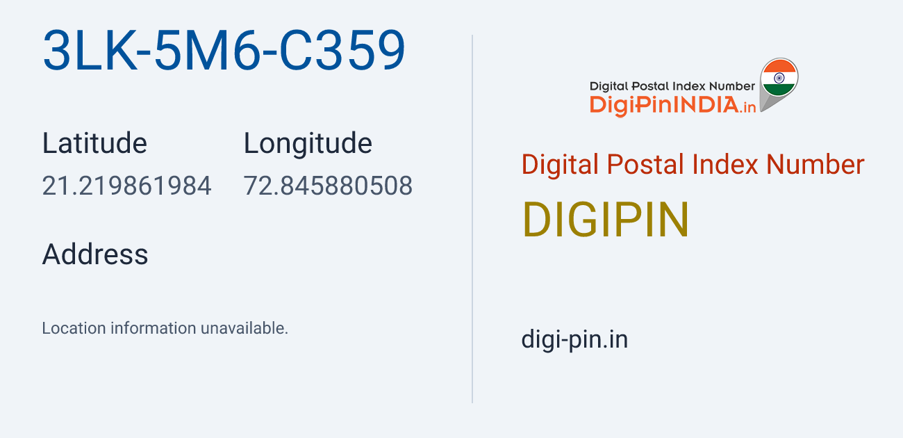 DigiPin 3LK-5M6-C359 location map showing coordinates 21.219862, 72.845881