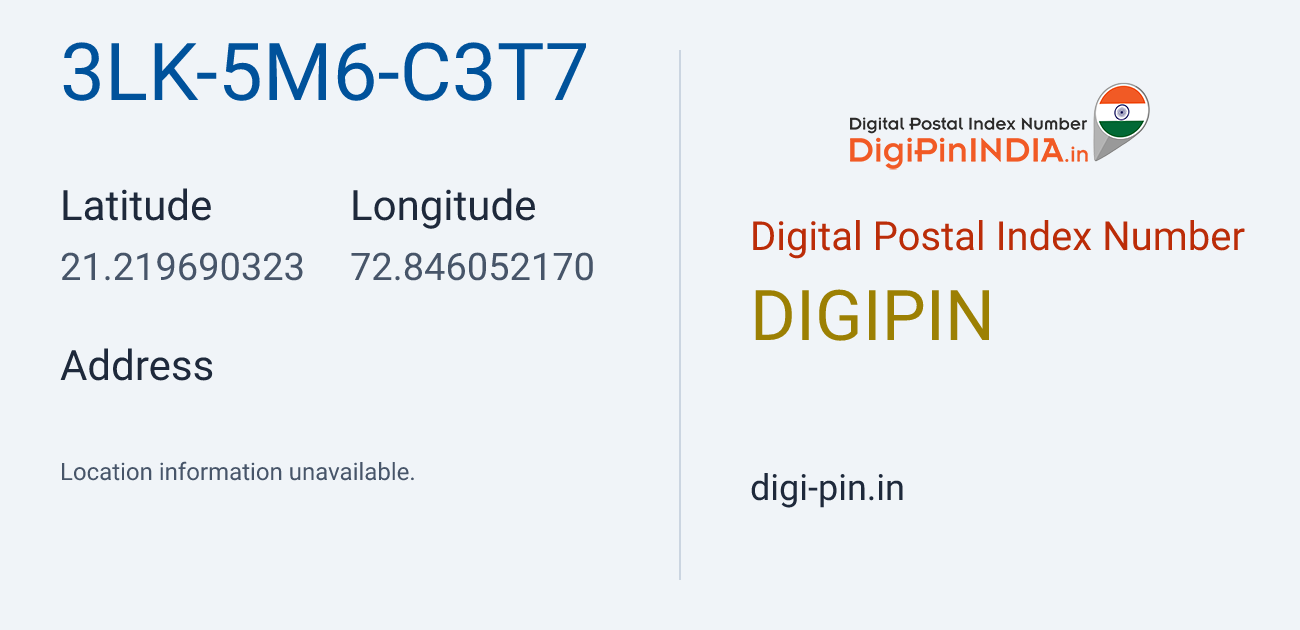 DigiPin 3LK-5M6-C3T7 location map showing coordinates 21.219690, 72.846052