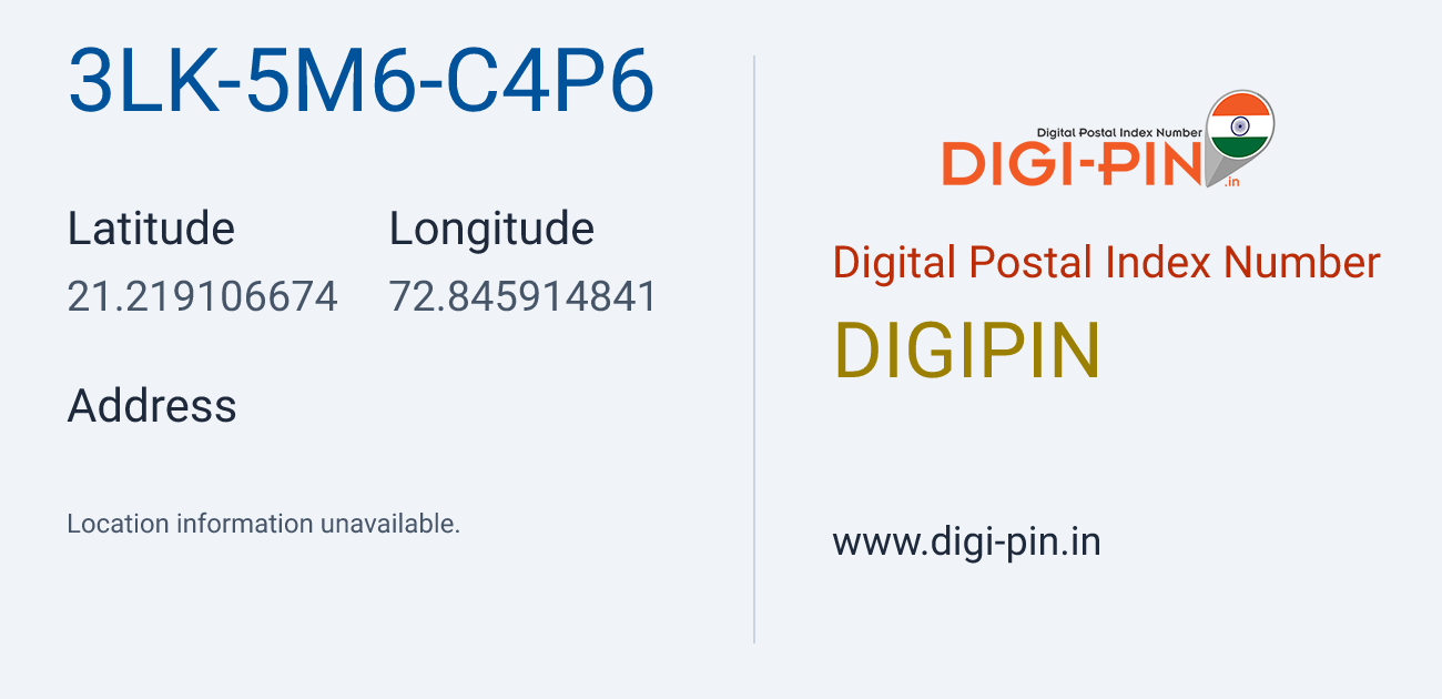 DigiPin 3LK-5M6-C4P6 location map showing coordinates 21.219107, 72.845915
