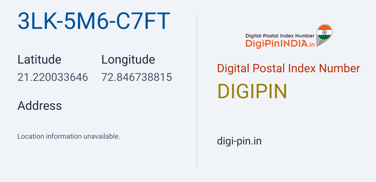 DigiPin 3LK-5M6-C7FT location map showing coordinates 21.220034, 72.846739