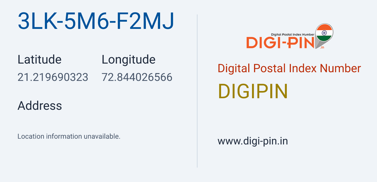 DigiPin 3LK-5M6-F2MJ location map showing coordinates 21.219690, 72.844027