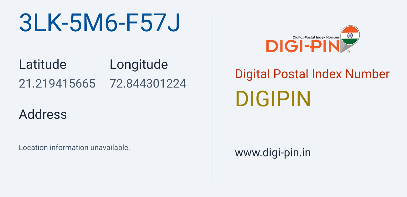 DigiPin 3LK-5M6-F57J location map showing coordinates 21.219416, 72.844301