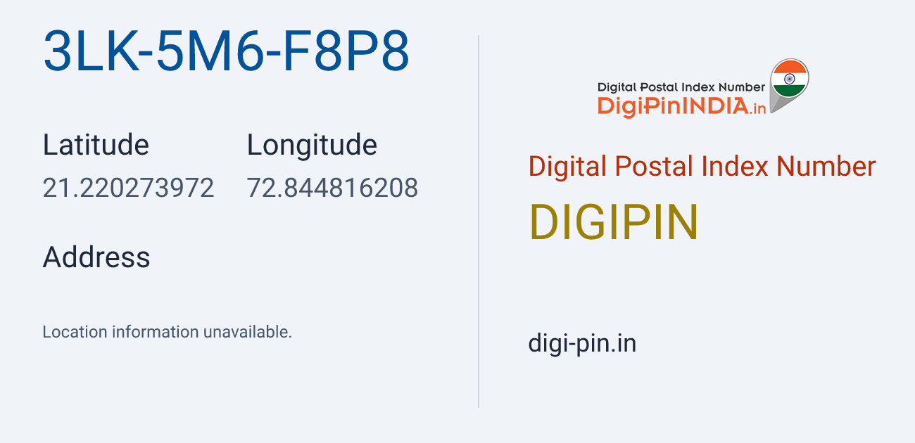 DigiPin 3LK-5M6-F8P8 location map showing coordinates 21.220274, 72.844816