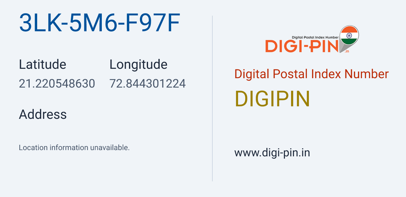 DigiPin 3LK-5M6-F97F location map showing coordinates 21.220549, 72.844301