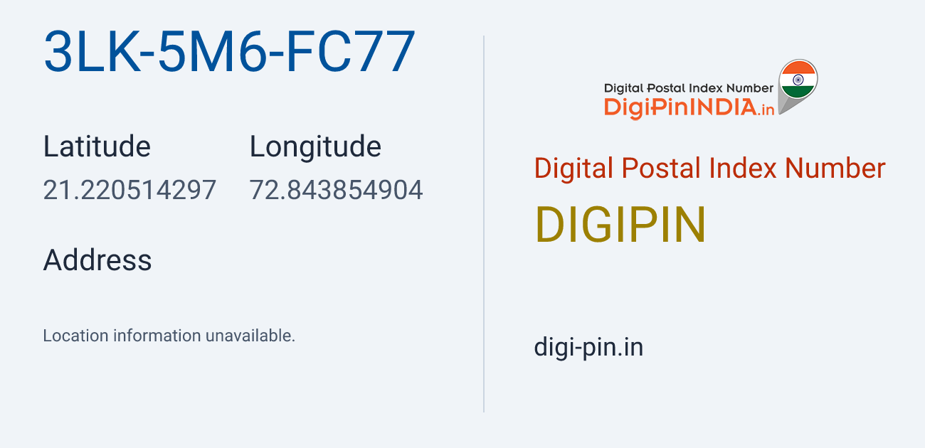 DigiPin 3LK-5M6-FC77 location map showing coordinates 21.220514, 72.843855