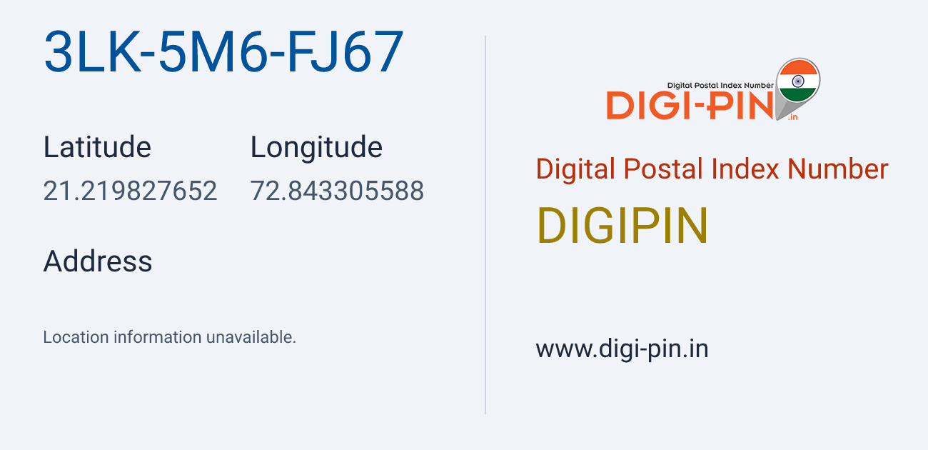 DigiPin 3LK-5M6-FJ67 location map showing coordinates 21.219828, 72.843306
