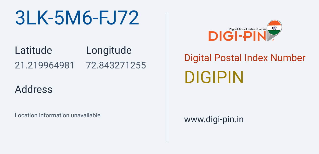 DigiPin 3LK-5M6-FJ72 location map showing coordinates 21.219965, 72.843271