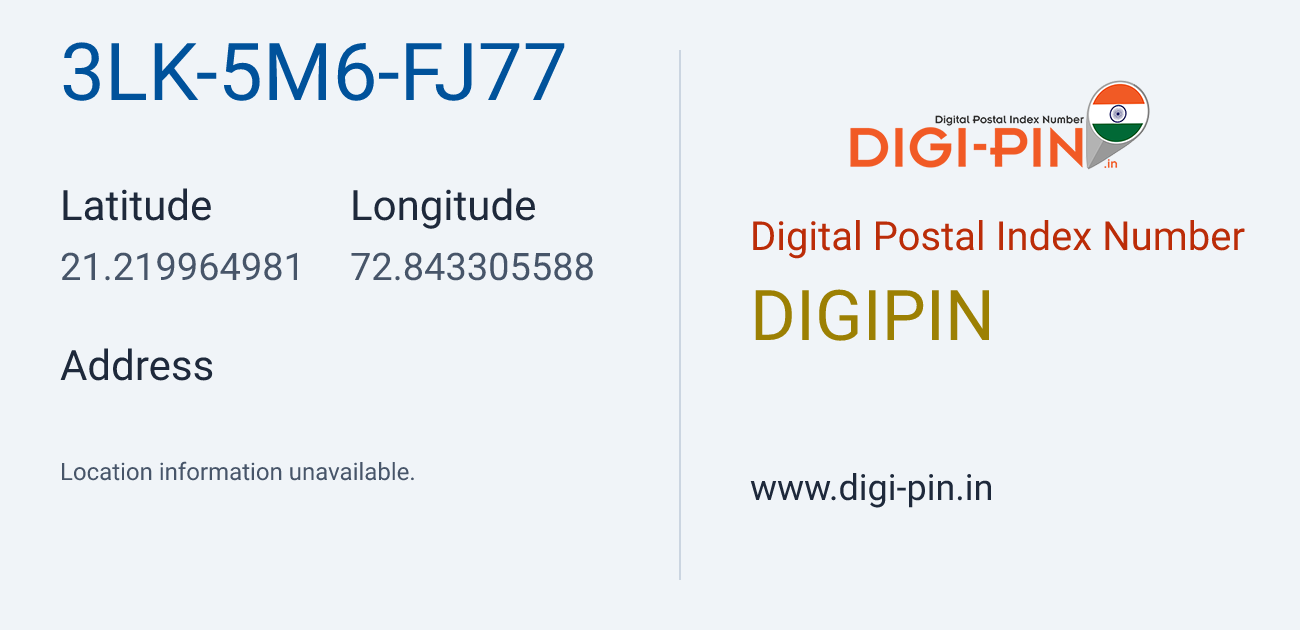 DigiPin 3LK-5M6-FJ77 location map showing coordinates 21.219965, 72.843306