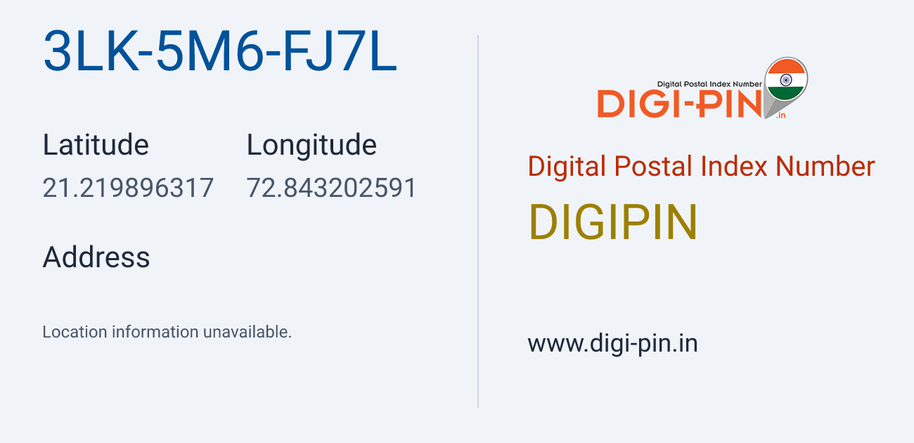 DigiPin 3LK-5M6-FJ7L location map showing coordinates 21.219896, 72.843203