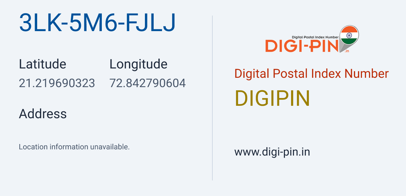 DigiPin 3LK-5M6-FJLJ location map showing coordinates 21.219690, 72.842791