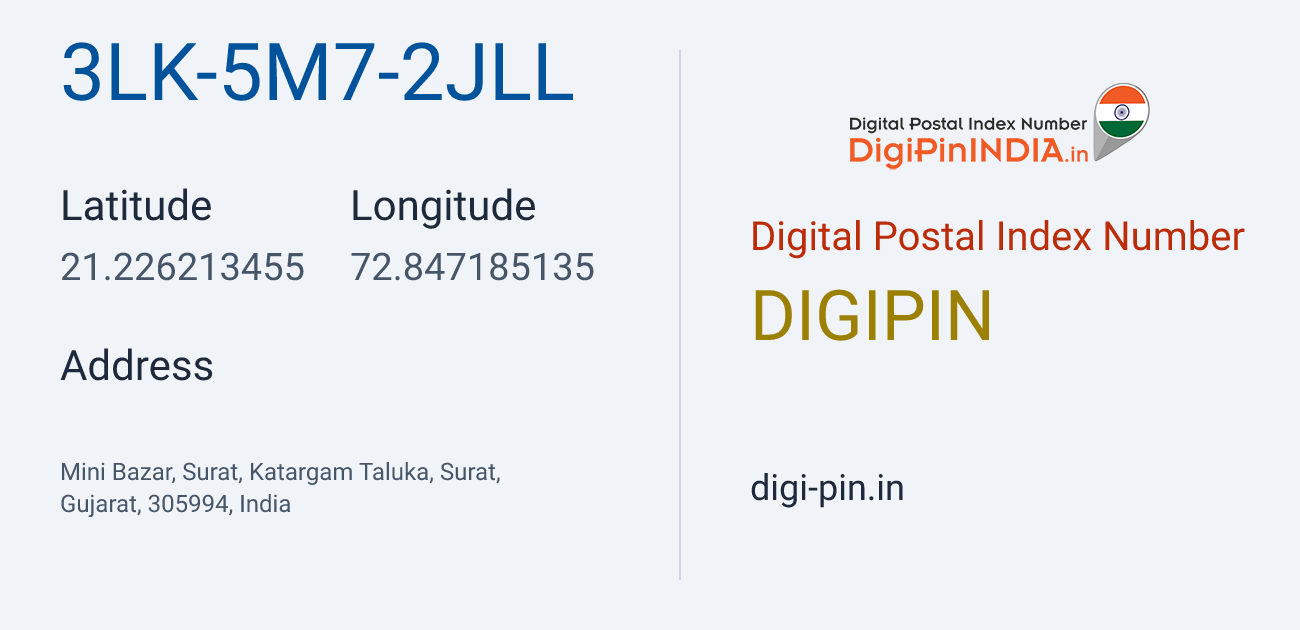 DigiPin 3LK-5M7-2JLL location map showing coordinates 21.226213, 72.847185
