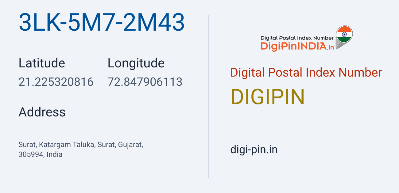DigiPin 3LK-5M7-2M43 location map showing coordinates 21.225321, 72.847906