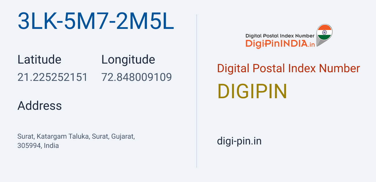 DigiPin 3LK-5M7-2M5L location map showing coordinates 21.225252, 72.848009