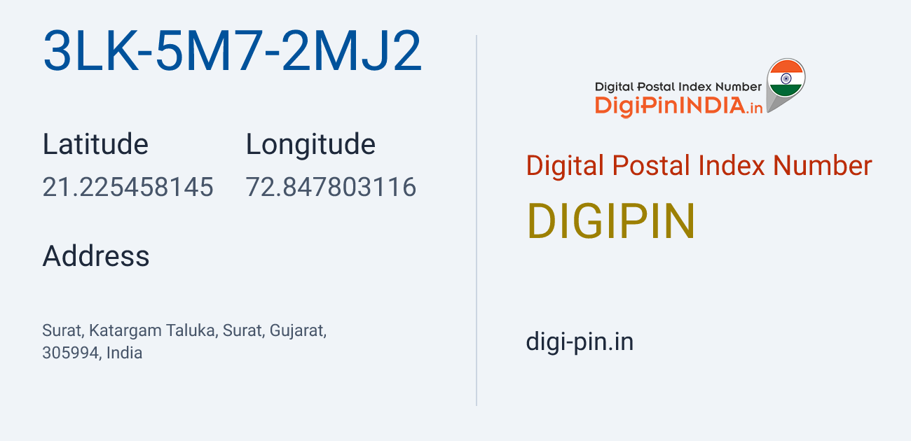DigiPin 3LK-5M7-2MJ2 location map showing coordinates 21.225458, 72.847803