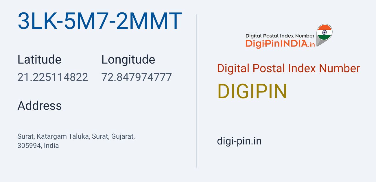 DigiPin 3LK-5M7-2MMT location map showing coordinates 21.225115, 72.847975