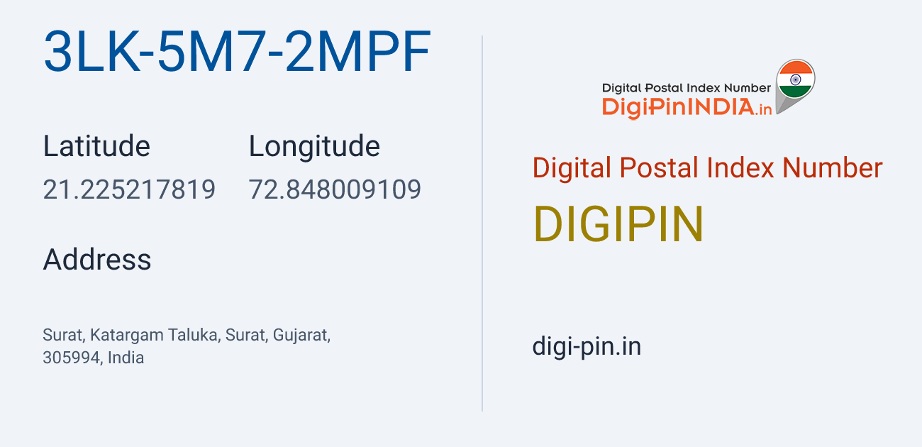 DigiPin 3LK-5M7-2MPF location map showing coordinates 21.225218, 72.848009