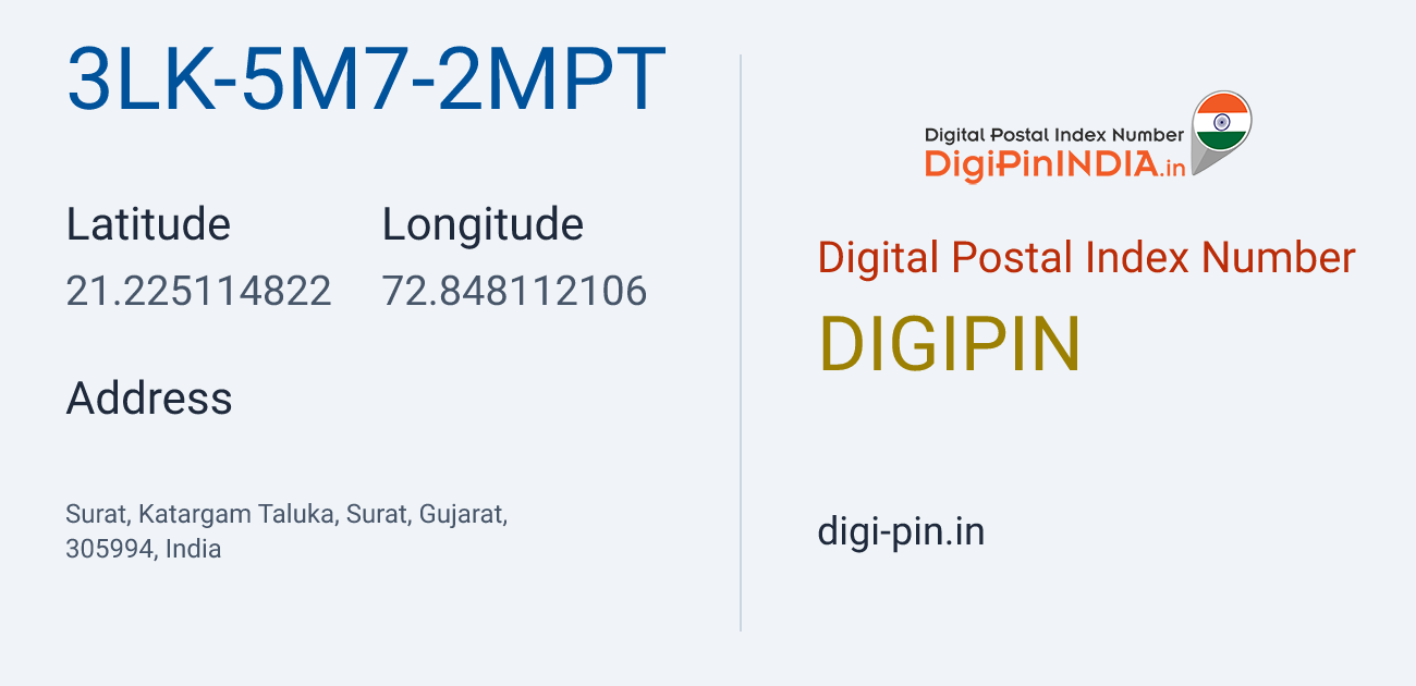 DigiPin 3LK-5M7-2MPT location map showing coordinates 21.225115, 72.848112