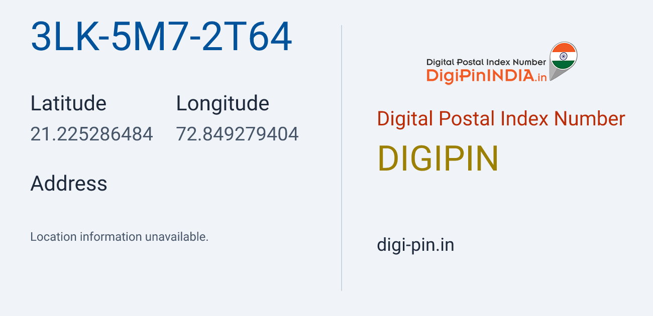 DigiPin 3LK-5M7-2T64 location map showing coordinates 21.225286, 72.849279