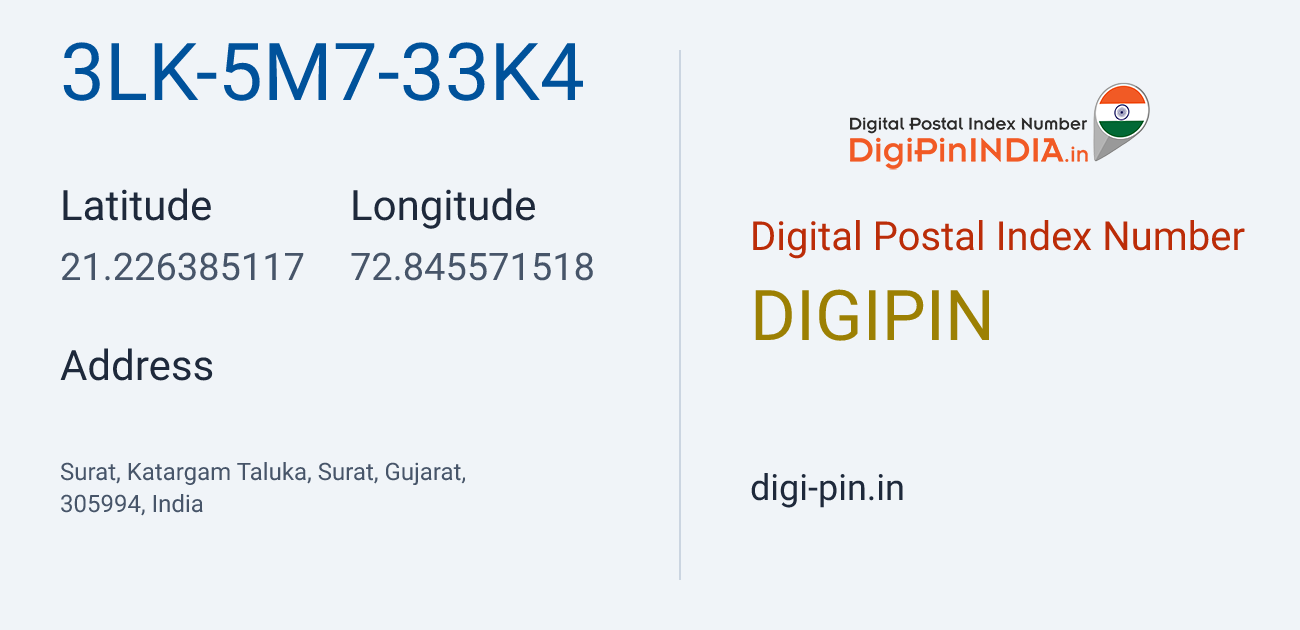DigiPin 3LK-5M7-33K4 location map showing coordinates 21.226385, 72.845572