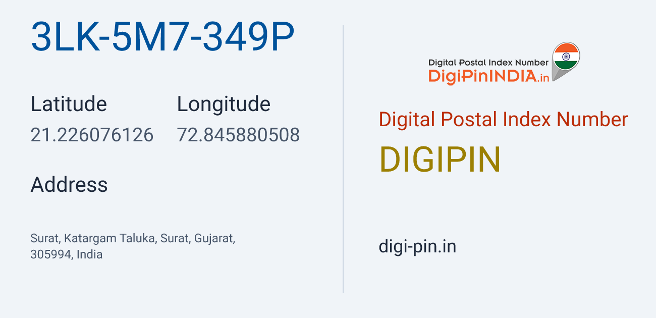 DigiPin 3LK-5M7-349P location map showing coordinates 21.226076, 72.845881
