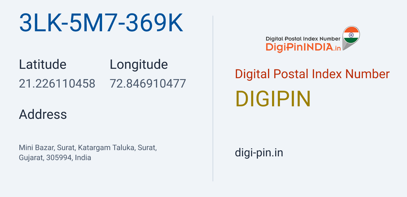 DigiPin 3LK-5M7-369K location map showing coordinates 21.226110, 72.846910