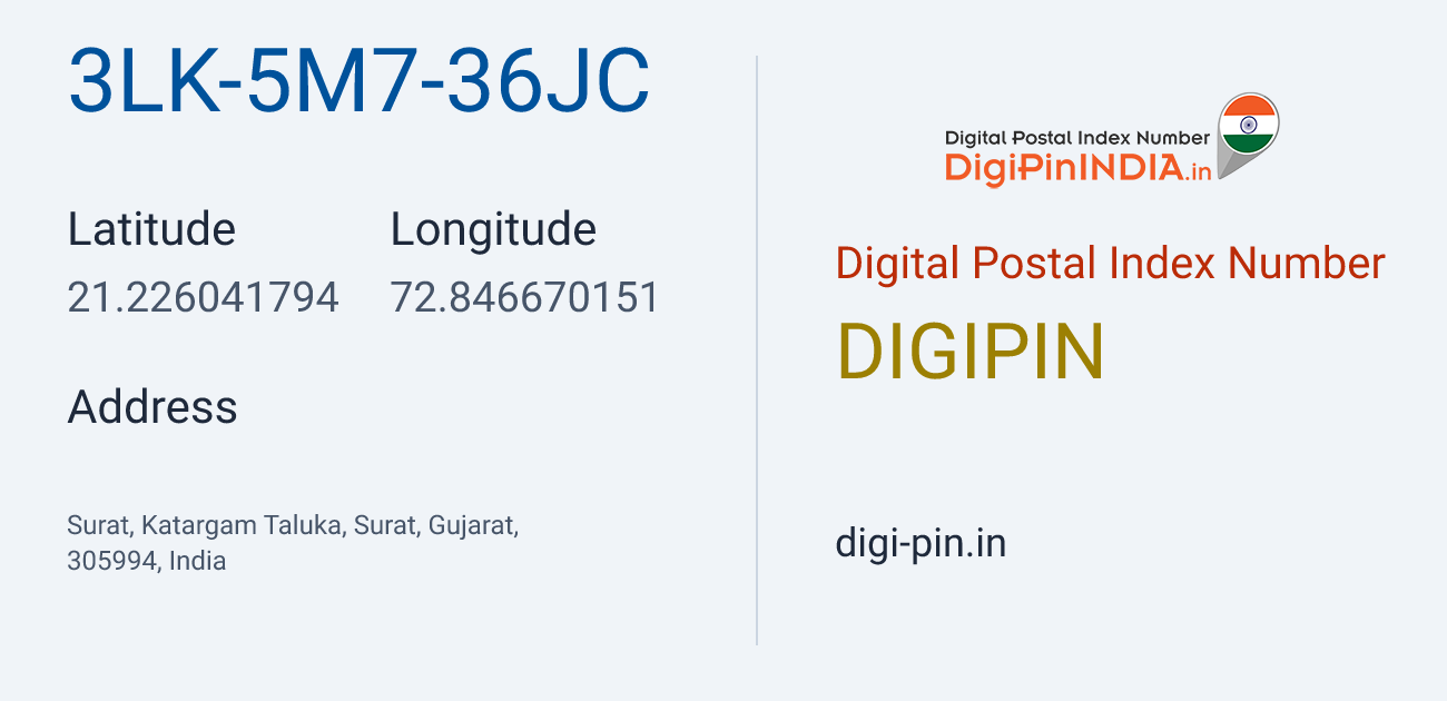 DigiPin 3LK-5M7-36JC location map showing coordinates 21.226042, 72.846670