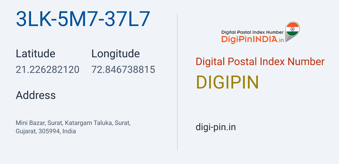 DigiPin 3LK-5M7-37L7 location map showing coordinates 21.226282, 72.846739