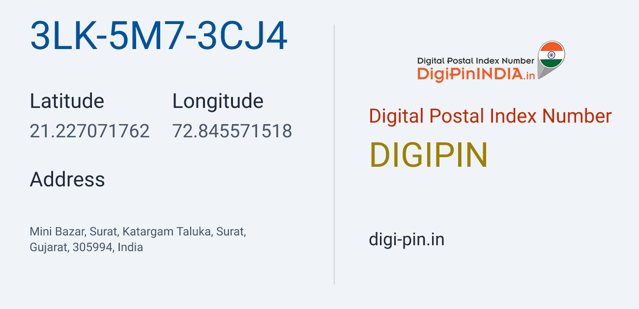 DigiPin 3LK-5M7-3CJ4 location map showing coordinates 21.227072, 72.845572