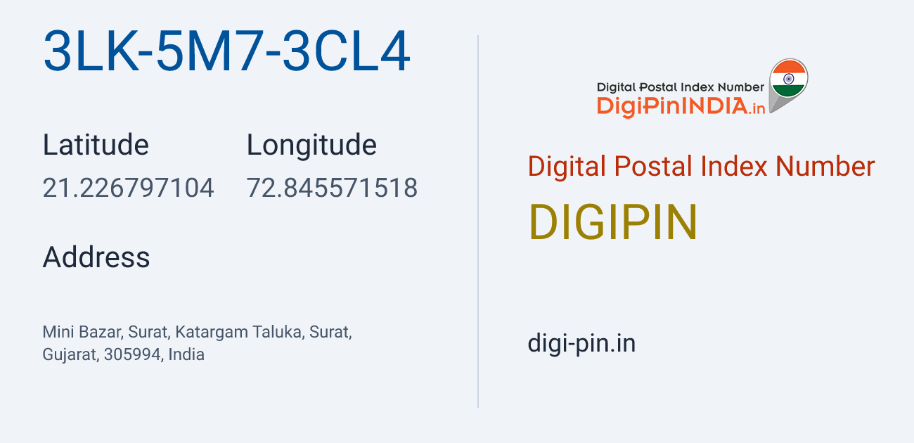 DigiPin 3LK-5M7-3CL4 location map showing coordinates 21.226797, 72.845572