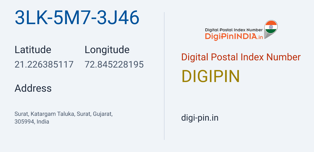 DigiPin 3LK-5M7-3J46 location map showing coordinates 21.226385, 72.845228