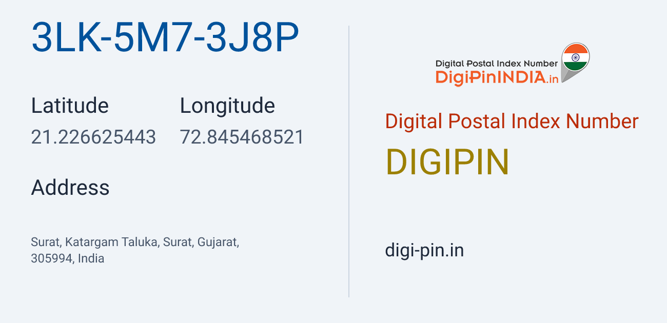 DigiPin 3LK-5M7-3J8P location map showing coordinates 21.226625, 72.845469