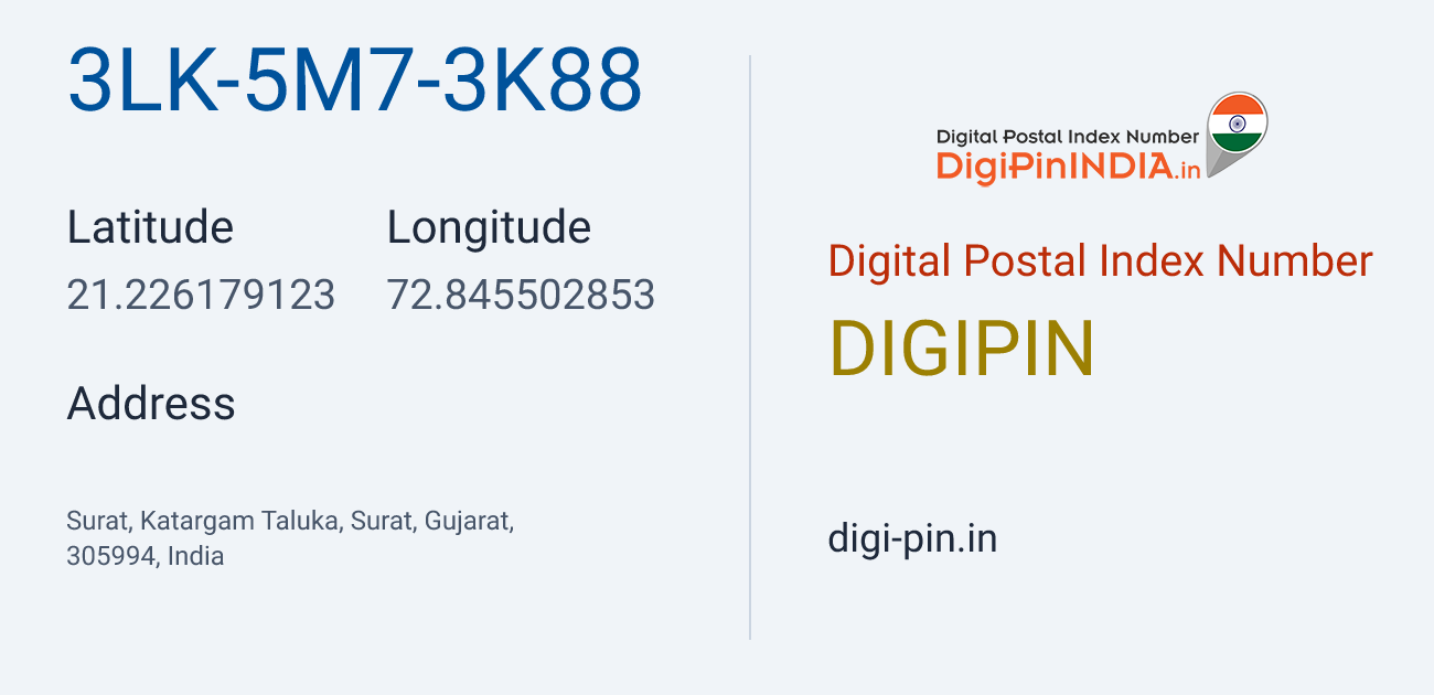 DigiPin 3LK-5M7-3K88 location map showing coordinates 21.226179, 72.845503