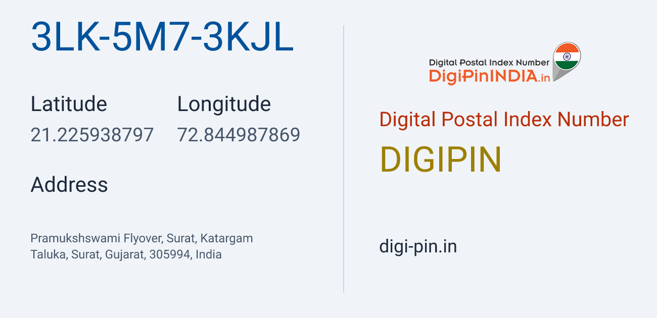DigiPin 3LK-5M7-3KJL location map showing coordinates 21.225939, 72.844988