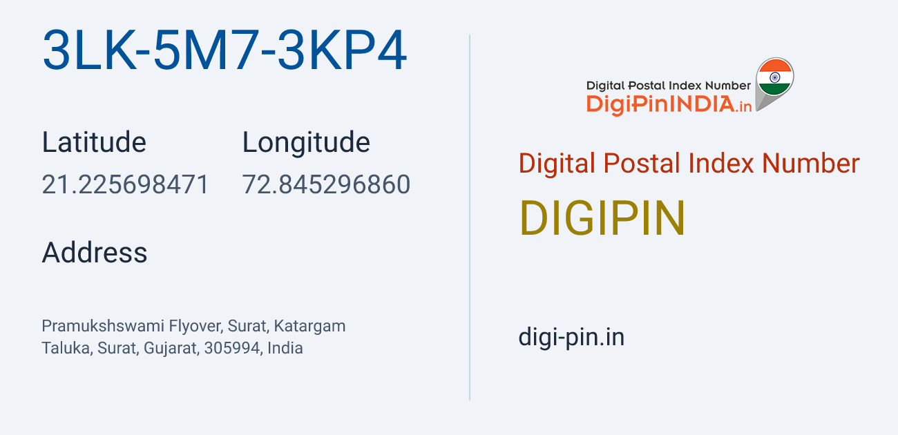 DigiPin 3LK-5M7-3KP4 location map showing coordinates 21.225698, 72.845297