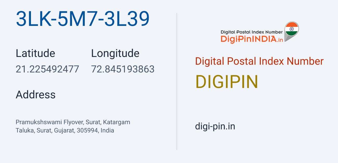 DigiPin 3LK-5M7-3L39 location map showing coordinates 21.225492, 72.845194