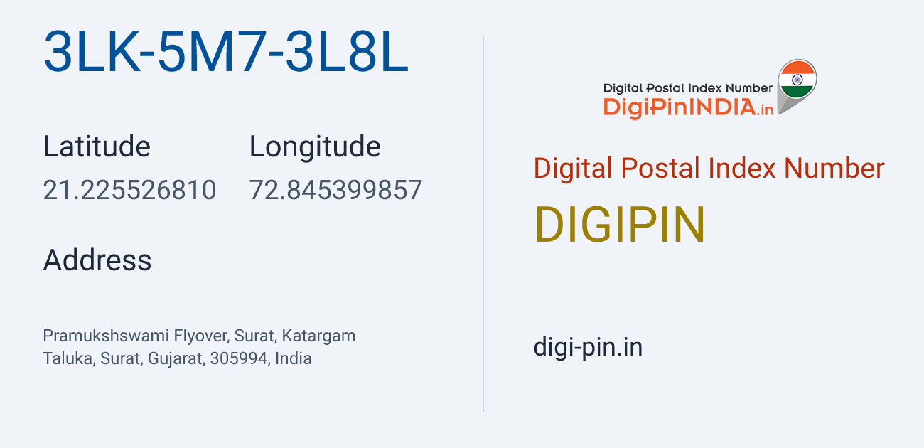 DigiPin 3LK-5M7-3L8L location map showing coordinates 21.225527, 72.845400