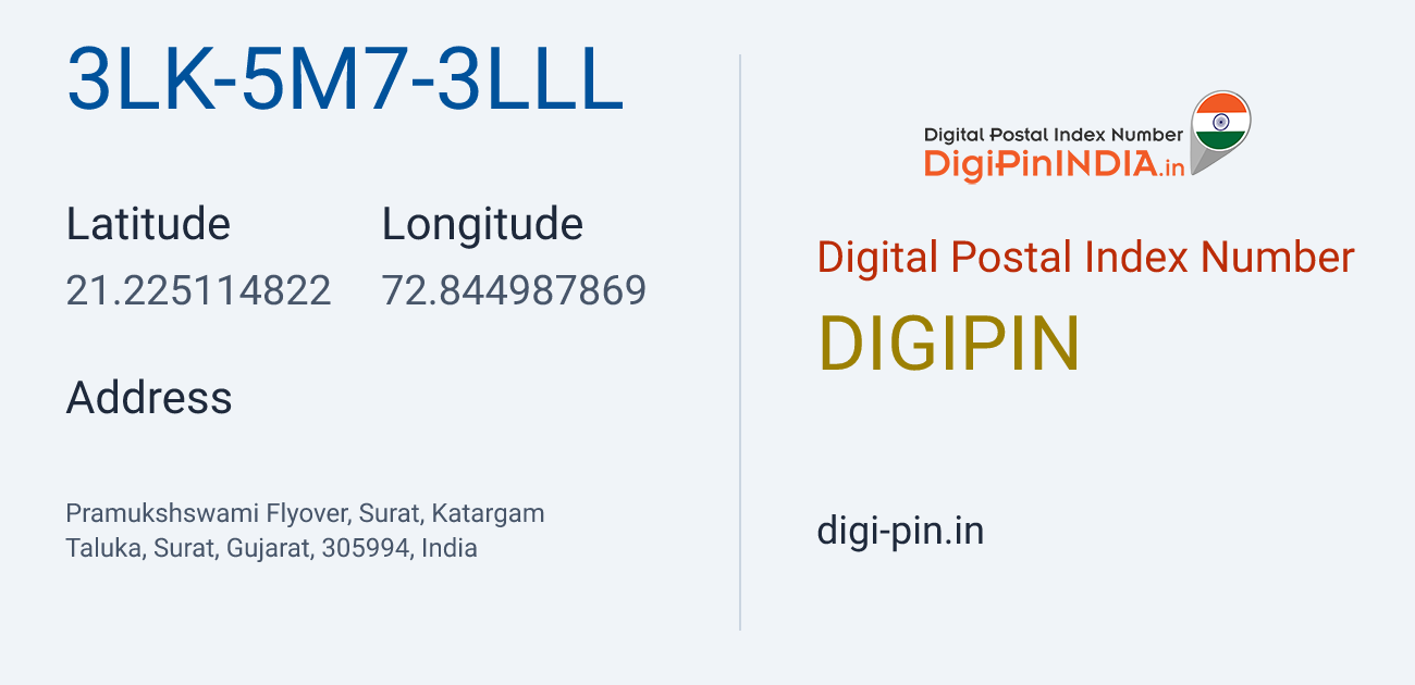 DigiPin 3LK-5M7-3LLL location map showing coordinates 21.225115, 72.844988