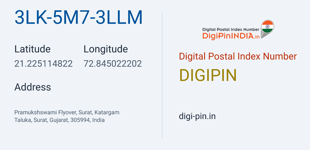 DigiPin 3LK-5M7-3LLM location map showing coordinates 21.225115, 72.845022
