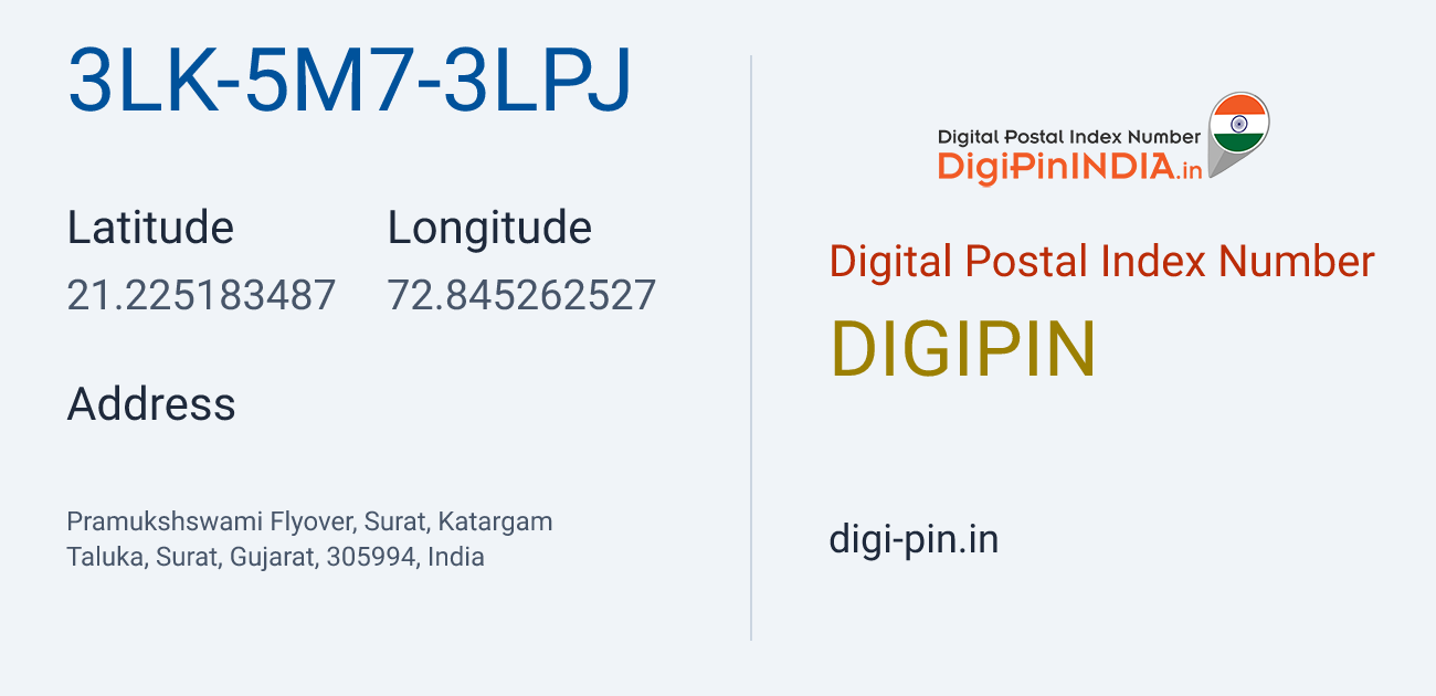 DigiPin 3LK-5M7-3LPJ location map showing coordinates 21.225183, 72.845263