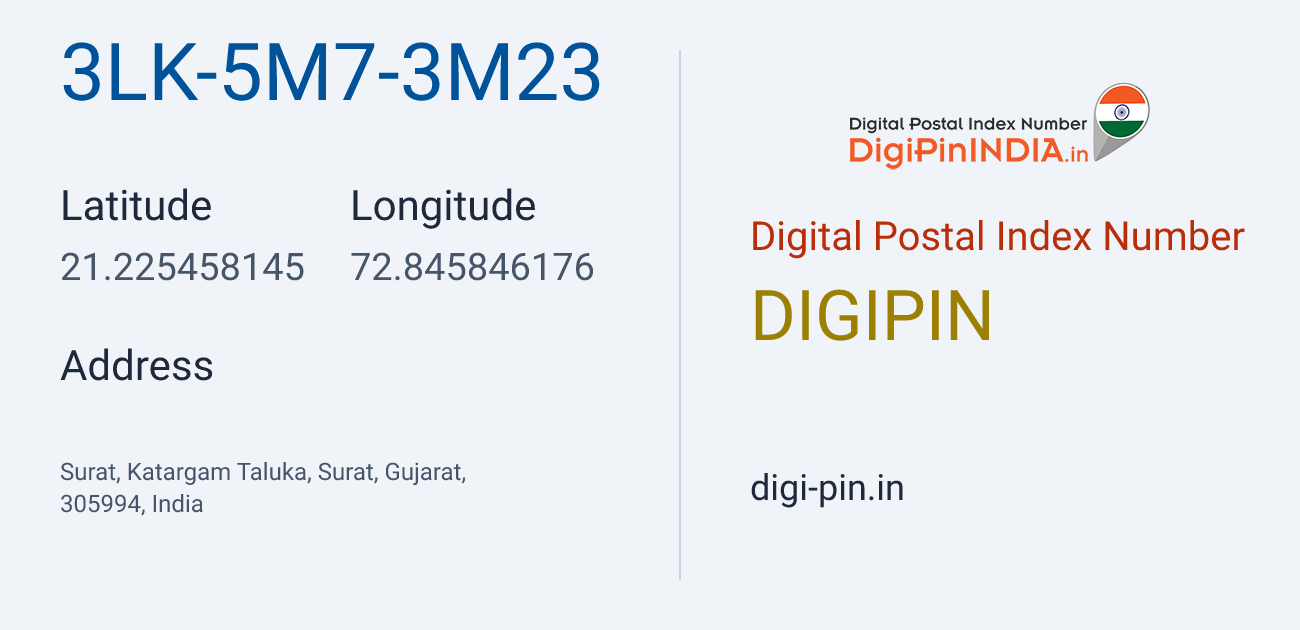 DigiPin 3LK-5M7-3M23 location map showing coordinates 21.225458, 72.845846