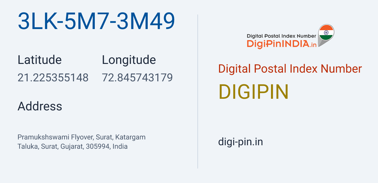 DigiPin 3LK-5M7-3M49 location map showing coordinates 21.225355, 72.845743