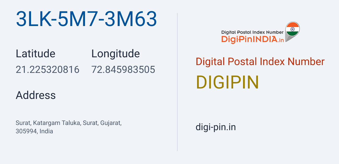 DigiPin 3LK-5M7-3M63 location map showing coordinates 21.225321, 72.845984