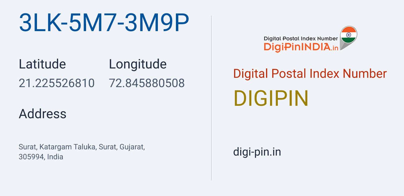 DigiPin 3LK-5M7-3M9P location map showing coordinates 21.225527, 72.845881