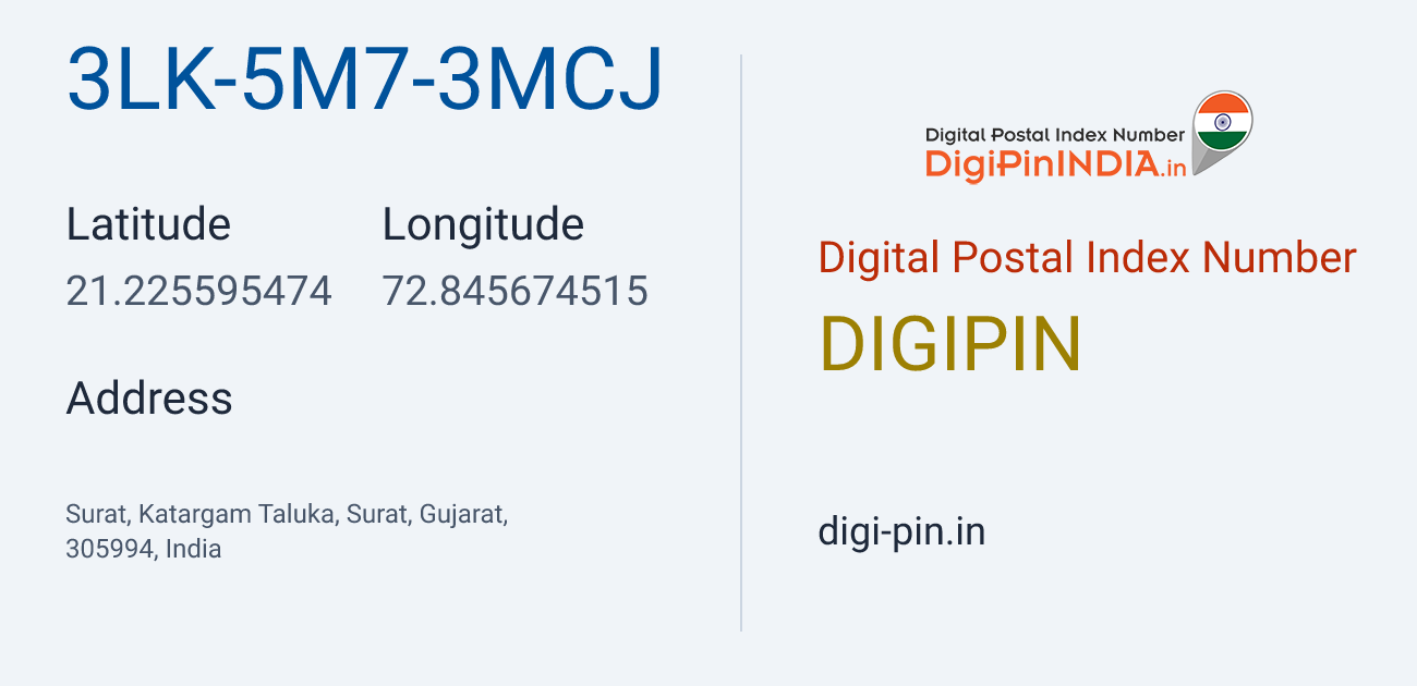 DigiPin 3LK-5M7-3MCJ location map showing coordinates 21.225595, 72.845675