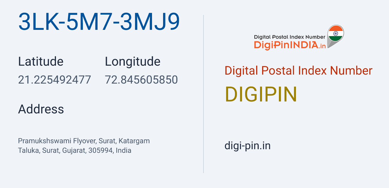 DigiPin 3LK-5M7-3MJ9 location map showing coordinates 21.225492, 72.845606
