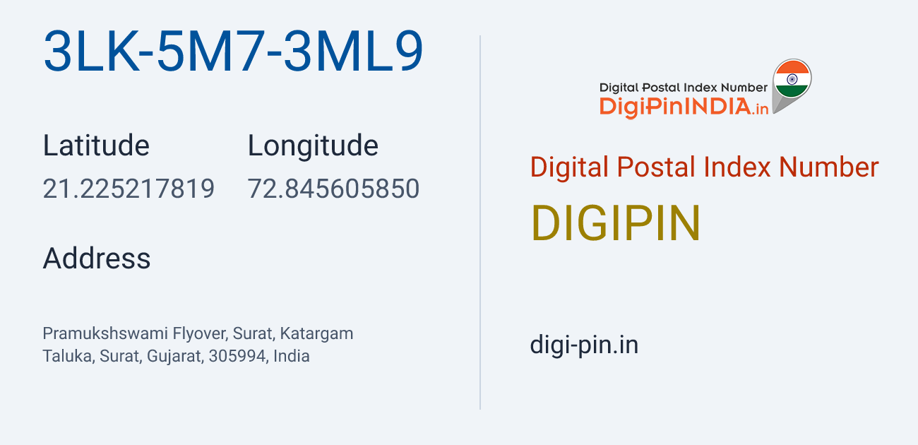 DigiPin 3LK-5M7-3ML9 location map showing coordinates 21.225218, 72.845606